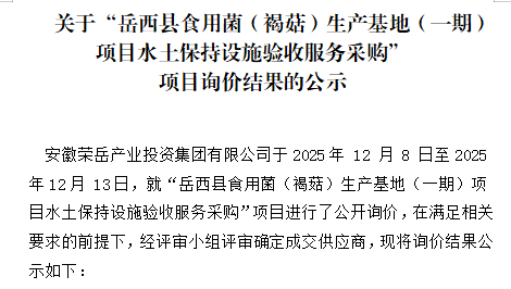 关于安徽荣岳产业投资集团有限公司“岳西县食用菌（褐菇）生产基地（一期）项目水土保持设施验收服务采购”项目询价结果的公示