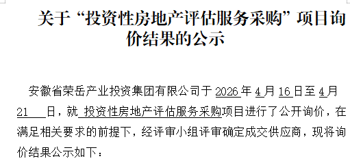 关于“投资性房地产评估服务采购”项目询价结果的公示
